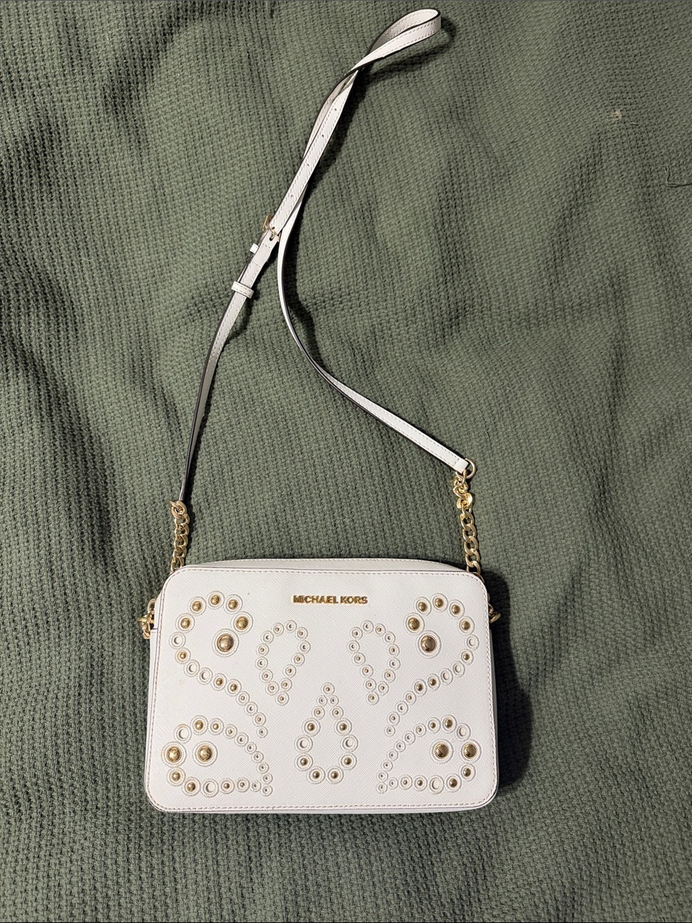 MICHAEL KORS White Leather Studded Crossbody with Gold Hardware